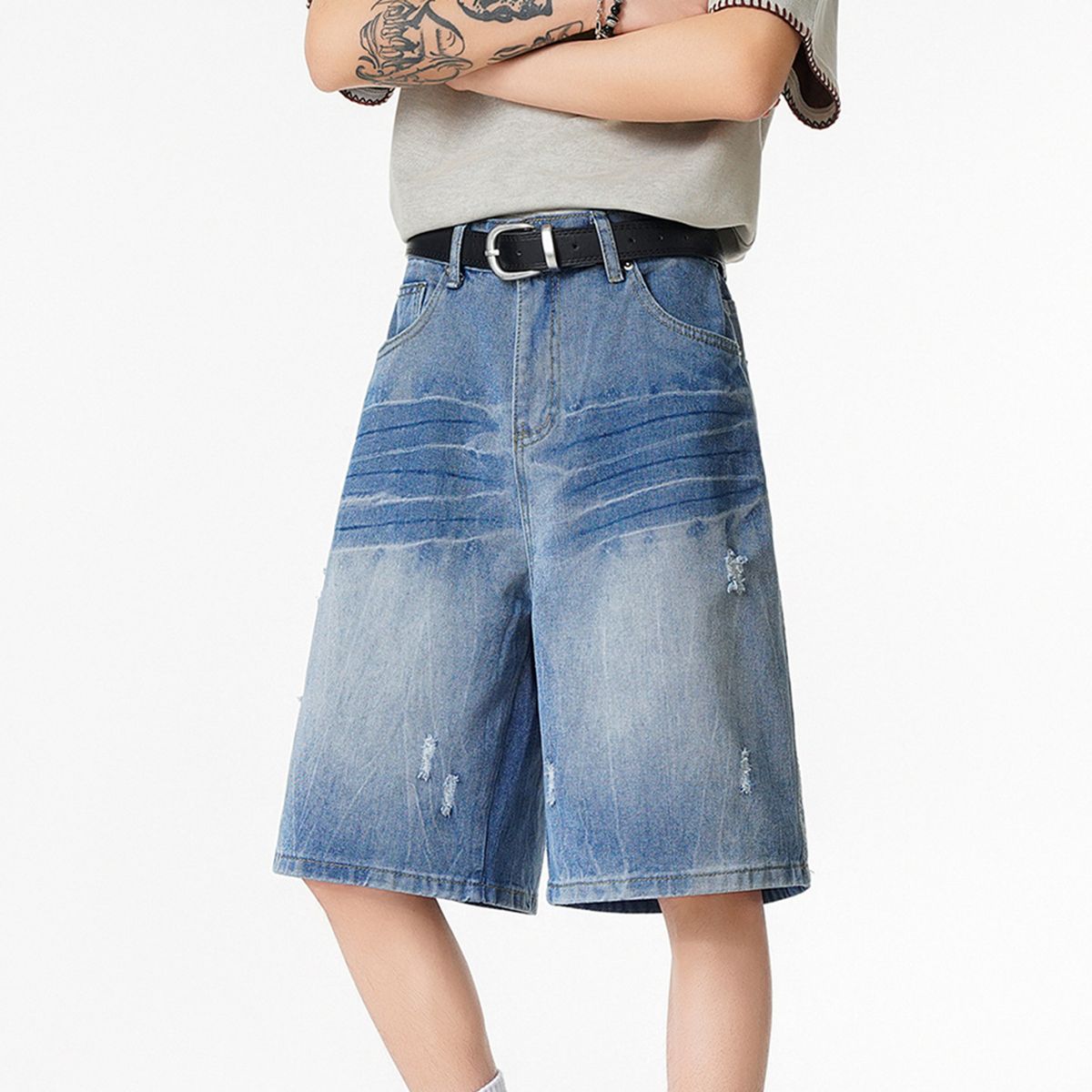 Men's Clothing Men's Black Lightning Striped Ripped Denim Shorts Washed Five Point Summer Style Trendy High End Fashion Pants_mkmklike.com
