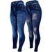 Women's Blue Imitation Denim Printed Leggings Increased High Waist Hip Lifting Cotton Breathable_mkmklike.com