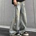 Ripped Jeans Men's American Retro Trendy Brand Wide-leg Washed Old Pants Summer Loose Straight Slightly Pulled Trousers_mkmklike.com