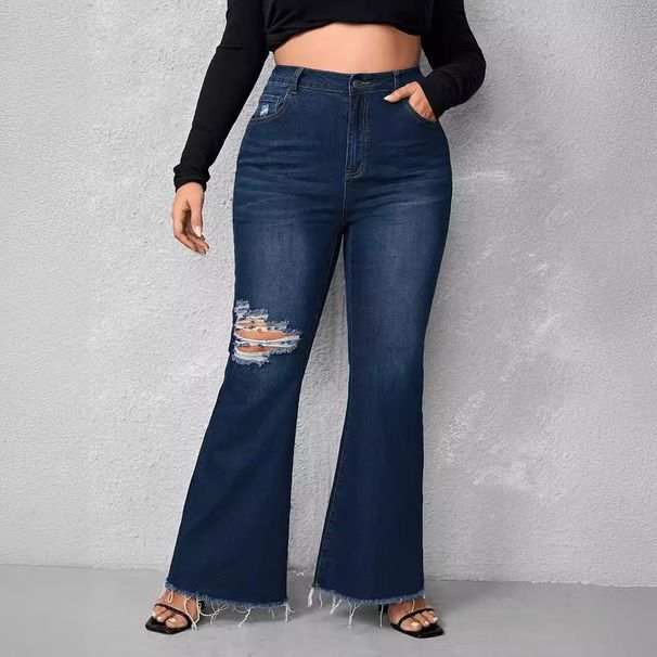 Women's Clothing Plus Size Denim Flared Jeans Dark Blue Ripped And Frayed Hem European And American Style For Women_mkmklike.com