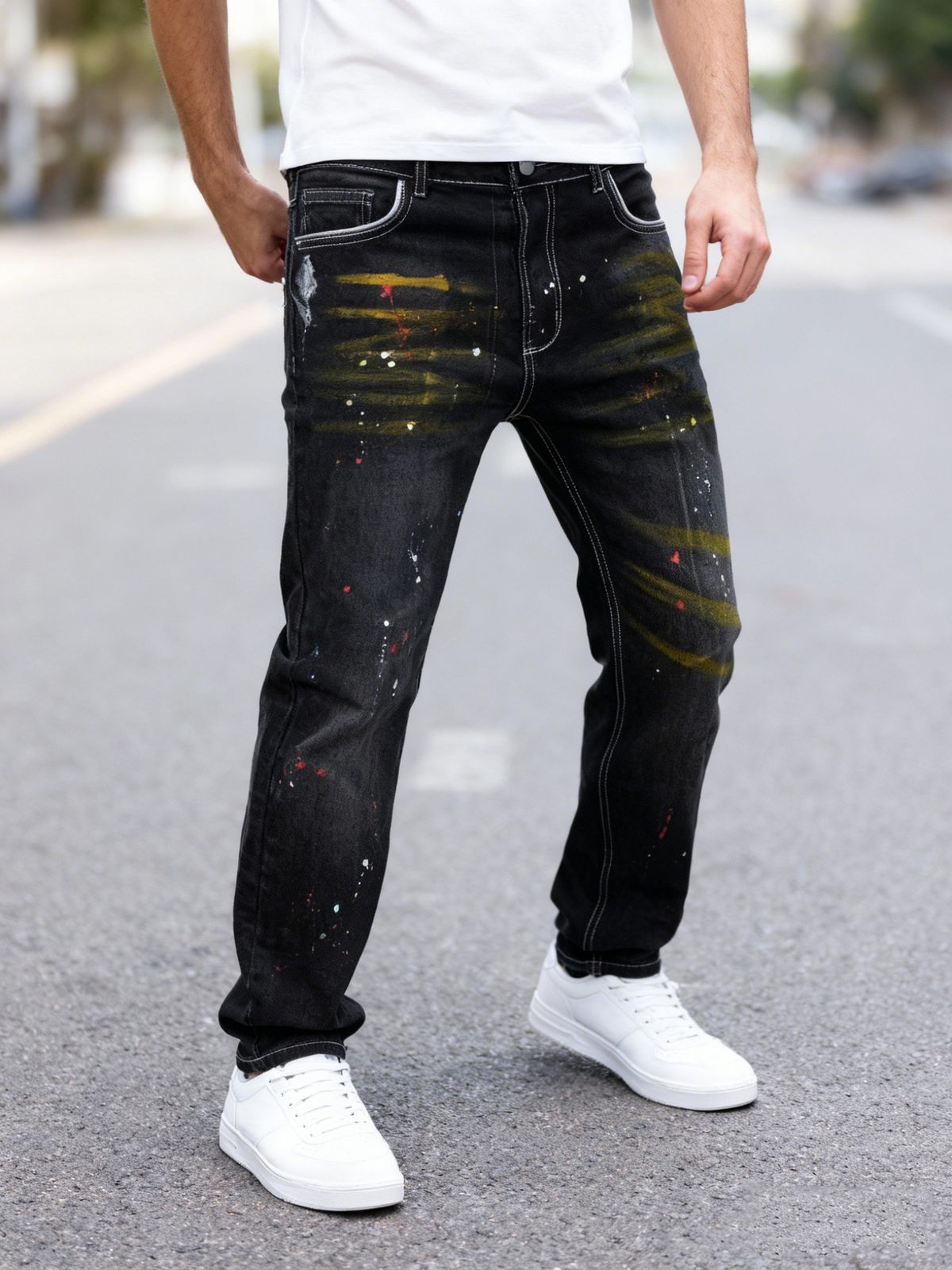 Men's Clothing Style Men's Jeans, New Style Stretch Black Men's Jeans, Slim Fit, Paint Painted Men's Jeans, Trendy And Unique Pants._mkmklike.com