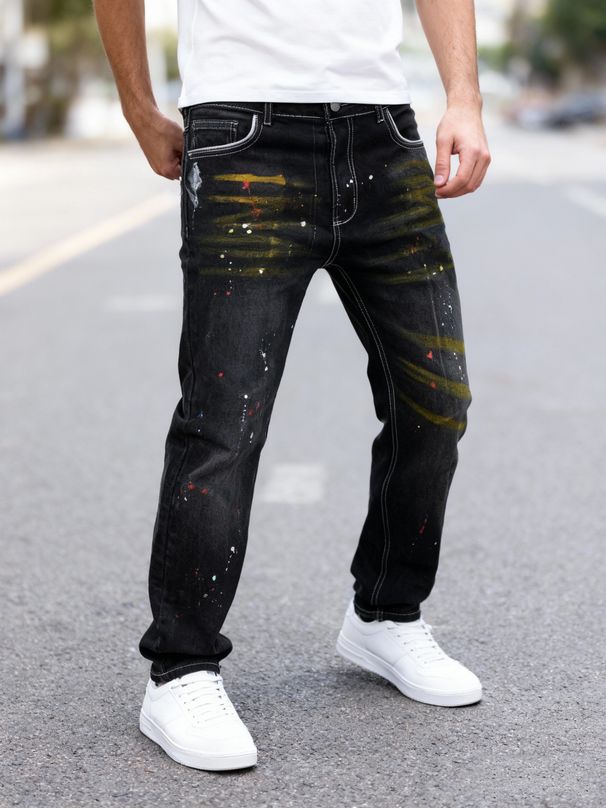 Men's Clothing Style Men's Jeans, New Style Stretch Black Men's Jeans, Slim Fit, Paint Painted Men's Jeans, Trendy And Unique Pants._mkmklike.com