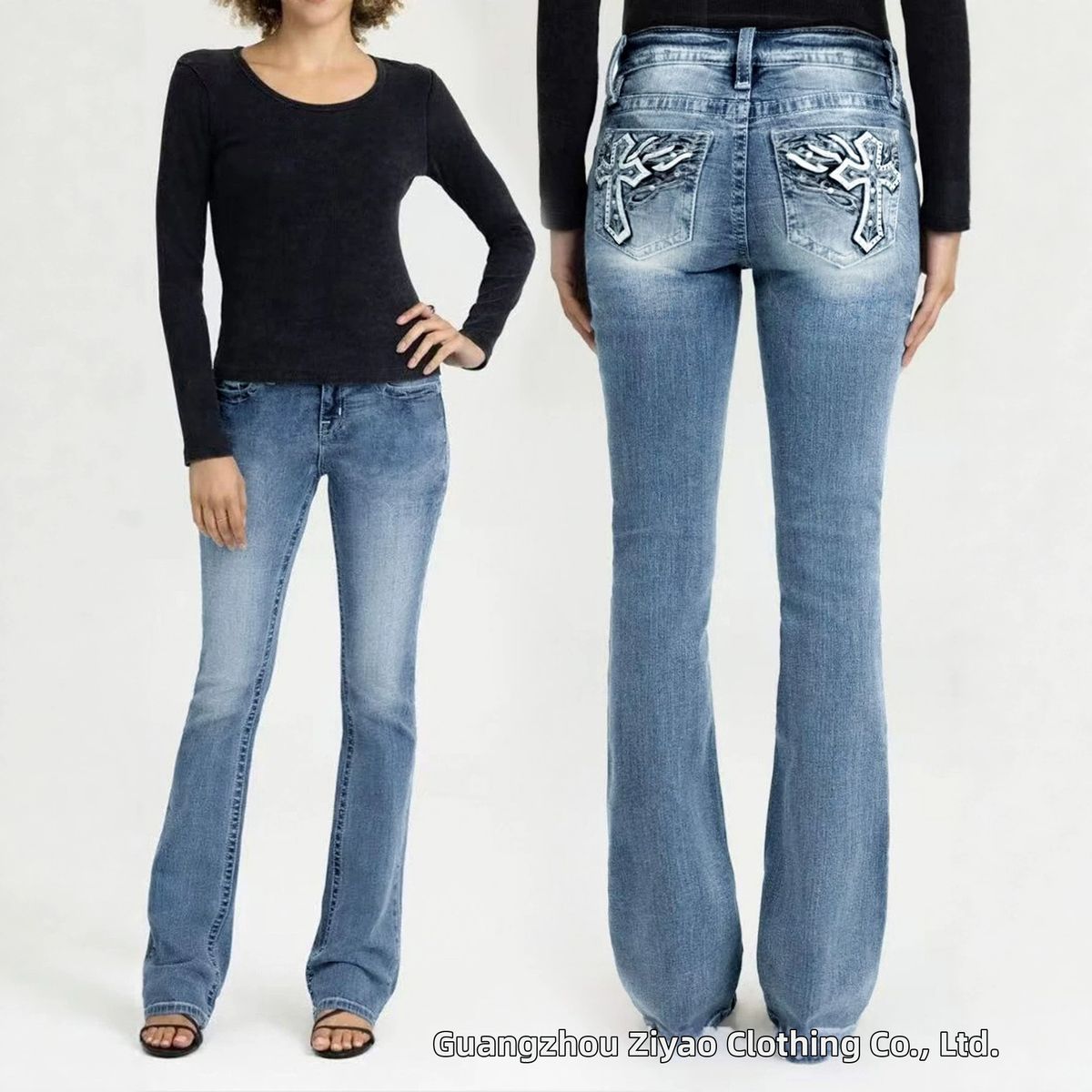 Summer Low Rise Stretch Slim Fit Flared Jeans for Women American Retro Style Cross Embroidery New Style 2026_mkmklike.com