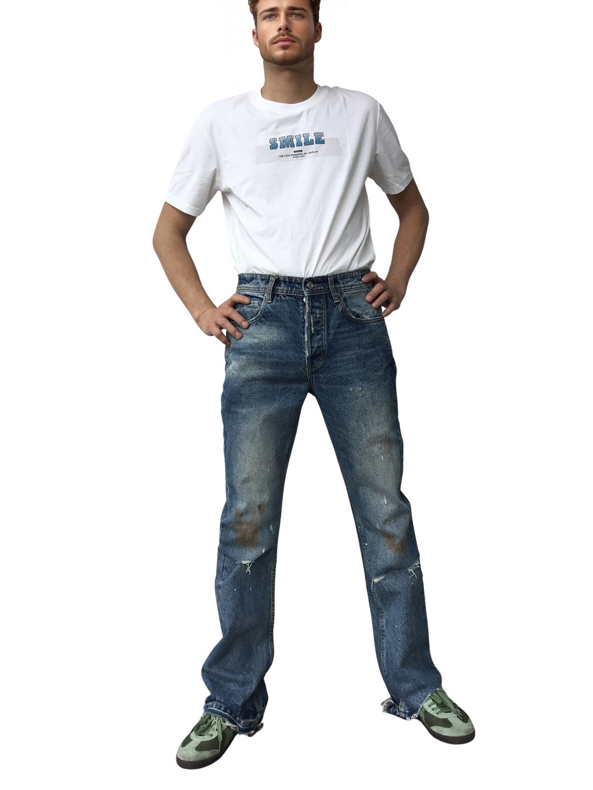 Men's Clothing Domestic Trendy Men's Clothing Spilled Material Damaged Slightly Flared Non Elastic Trousers Washed High Waisted Jeans_mkmklike.com