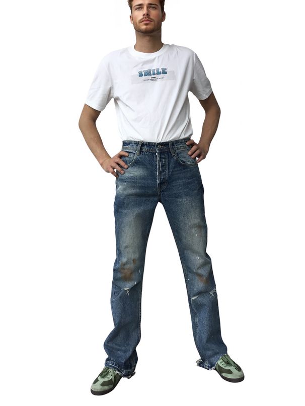Men's Clothing Domestic Trendy Men's Clothing Spilled Material Damaged Slightly Flared Non Elastic Trousers Washed High Waisted Jeans_mkmklike.com