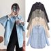 Women's Distressed Denim Shirt Jacket – Oversized Streetwear Style, Polo Collar, Comfortable Cotton Blend (Blue, Beige, Green,More)"_mkmklike.com
