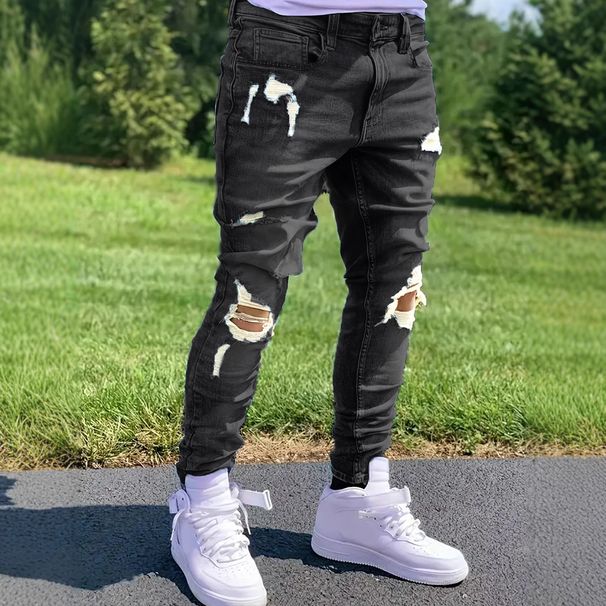 Retro Style Slim Fit Men's Blue Ripped Jeans High Quality Stretch Heavy Duty European American Casual Mid Waist Long Trousers_mkmklike.com