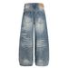 Unisex High Street Distressed Wide-Leg Bootcut Denim Pants Vintage Washed Cotton Blend Blue Jeans for Men Women S-XL_mkmklike.com