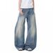 Women's American Retro Ripped Blue Jeans Unique Style Loose Fit Versatile Straight Leg Wide Leg Pants_mkmklike.com