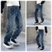 Men's Loose Fit Straight Leg Vintage Washed Denim Jeans With All-Over Print, Comfortable Cotton Casual Pants For Teenagers_mkmklike.com