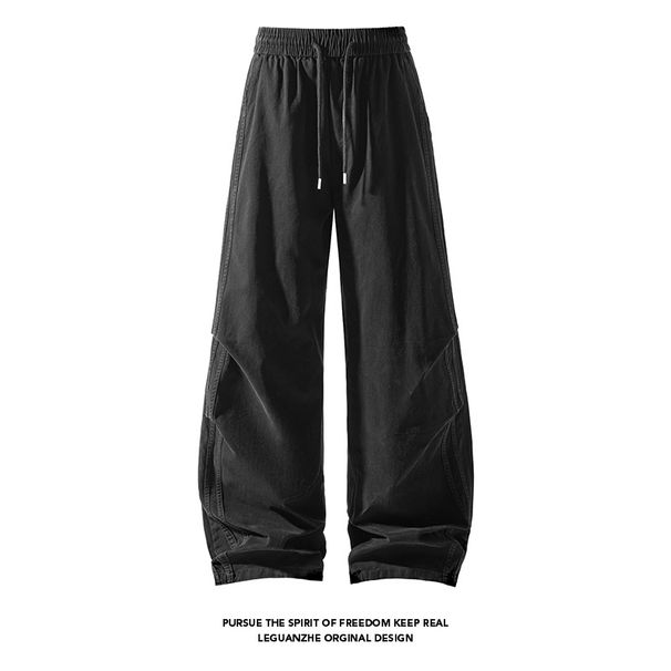 American-style Striped Patchwork Straight-leg Work Pants For Men, Autumn Trendy Brand Washed Pleated Casual Pants, Loose_mkmklike.com
