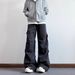 Men's Loose Wide Leg Pleated Jeans Casual Mid Waist Cotton Trousers Black Washed Dark Pocket Cargo Design Spring Autumn_mkmklike.com