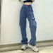 Women's Clothing Street Fashion Multi Pocket Workwear Straight Trousers High Waist Slimming Loose Khaki Jeans_mkmklike.com