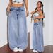 "Distressed Patchwork Denim Jeans For Women – High Waisted Wide Leg Floor-Length Pants (Peacock Blue, Sizes S-XL)"_mkmklike.com