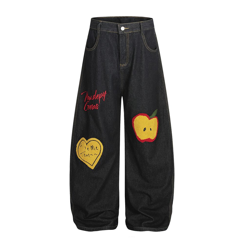Personized Embroidered Denim Wide-Leg Men's Trendy Brand High Street Niche Silhouette Design Scimitar Pants Loose_mkmklike.com