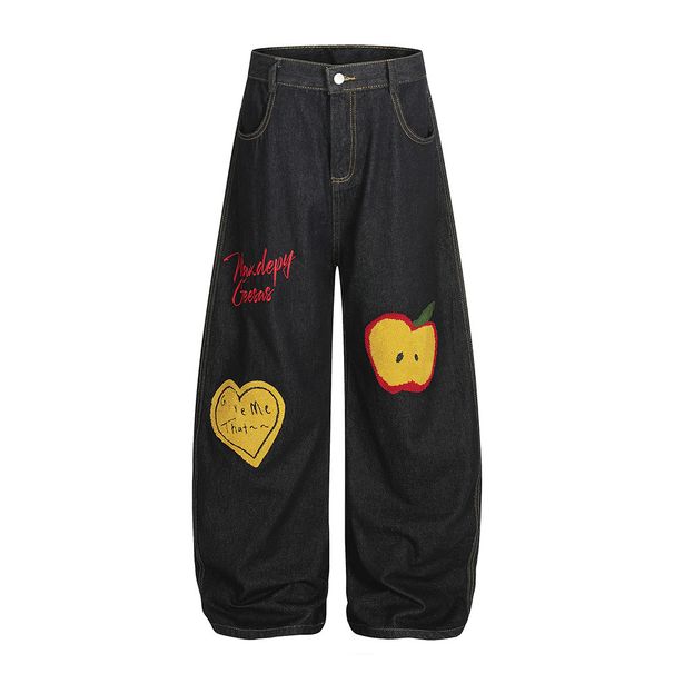 Personized Embroidered Denim Wide-Leg Men's Trendy Brand High Street Niche Silhouette Design Scimitar Pants Loose_mkmklike.com