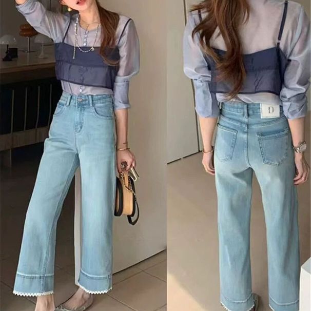 Light Blue Lace-trimmed High-waisted Straight-leg Mid-width Jeans For Women, Stretchy, Cropped, Casual, Stylish_mkmklike.com