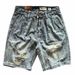 Men's Washed Distressed Denim Shorts Loose Fit Streetwear 5-Inch Cargo Light And Dark Blue_mkmklike.com