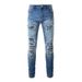 High Street American Jeans Trendy Brand Ripped PU Patch Men's Jeans Beggar Pants Ripped Men's Pants #6513_mkmklike.com