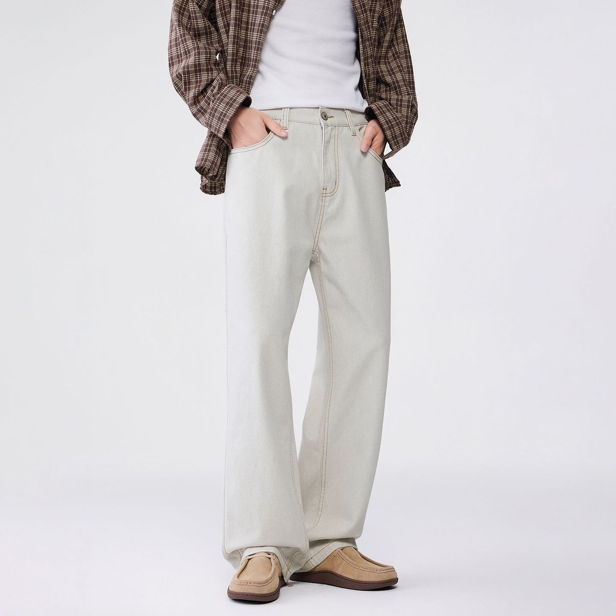 Men's Vintage Straight Leg Jeans – Relaxed Fit Washed Denim Pants In Beige (S-4xl) Versatile Styling_mkmklike.com