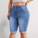 Plus Size Washed Blue Stretch Denim Shorts, Mid Waist Slimming Rolled Up Shorts, Cross Border Wholesale_mkmklike.com