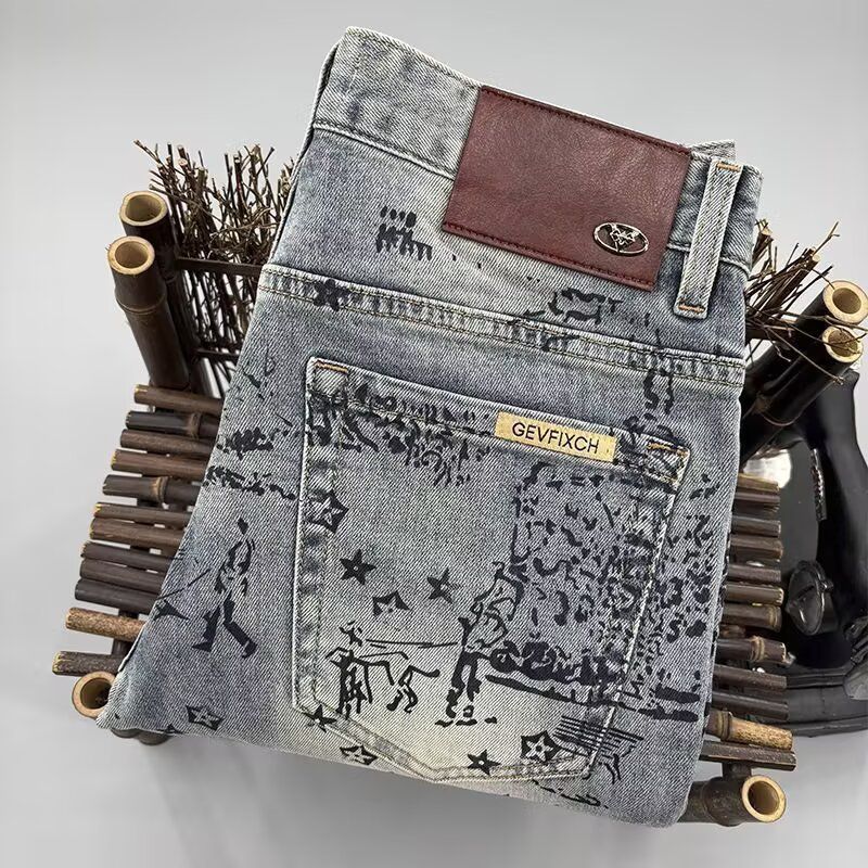 Men's Slim Fit Stretchy Jeans Trendy Casual Loose Fit Versatile Trousers Embroidered Print_mkmklike.com
