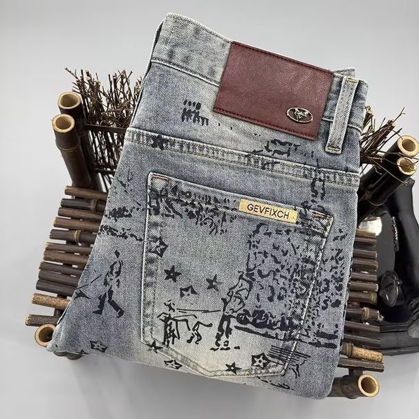 Men's Slim Fit Stretchy Jeans Trendy Casual Loose Fit Versatile Trousers Embroidered Print_mkmklike.com