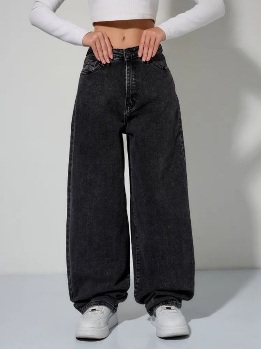 Women's Relaxed Wide-Leg Jeans | Mid-Rise Zip-Fly | Soft Washed Gray Denim | Office & Casual Wear_mkmklike.com
