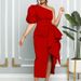Women's Large S-3XL Temperament Waist Wrapped Bubble Sleeve Banquet Split Dress_mkmklike.com