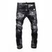 Men's Black And Gray Washed Stretch Slim Jeans Graffiti Paint Scratched Patches American Fashion New_mkmklike.com