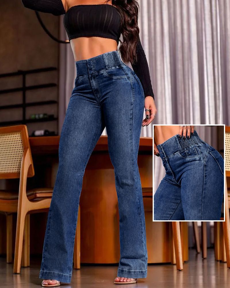 Women's Clothing Elastic Waistband Stretch High-Waisted Stretch Flare Jeans - Slim Fit, Bootcut, Butt-Lifting, Comfortable Denim Pants For Women_mkmklike.com