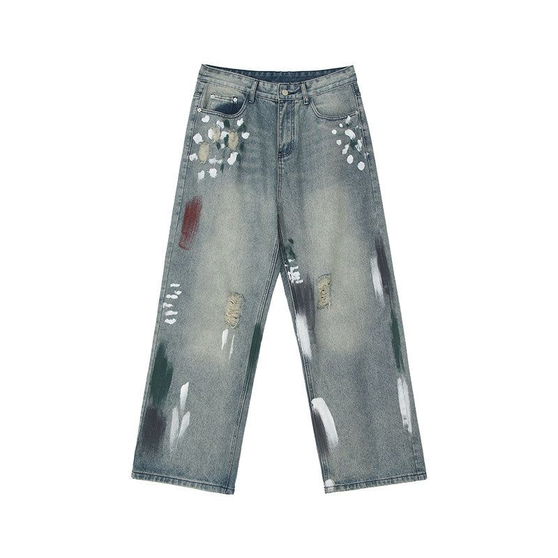 Retro Washed Distressed Graffiti Ripped Jeans High Street Style Loose Straight Leg Floor Length Wide Leg Pants For Men And Women_mkmklike.com