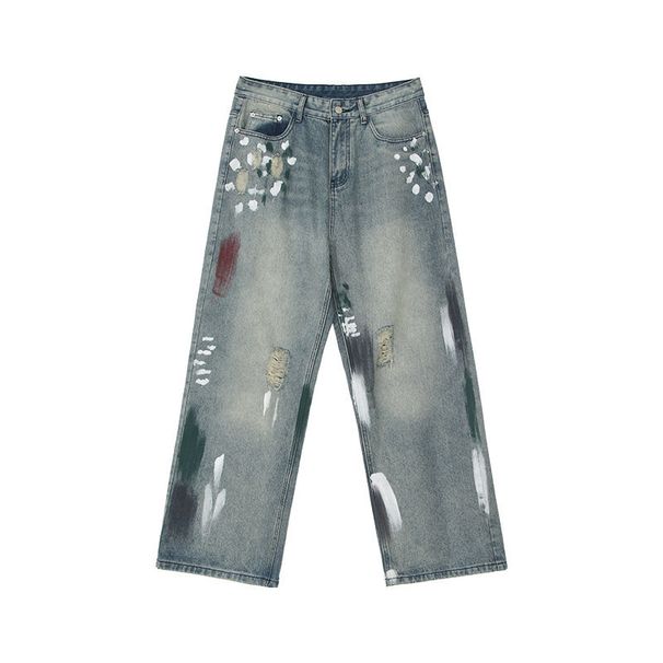 Retro Washed Distressed Graffiti Ripped Jeans High Street Style Loose Straight Leg Floor Length Wide Leg Pants For Men And Women_mkmklike.com