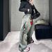 Printed Wide-Leg Jeans For Women - Vintage Washed Denim Pants With Streetwear Graphics (Blue)_mkmklike.com
