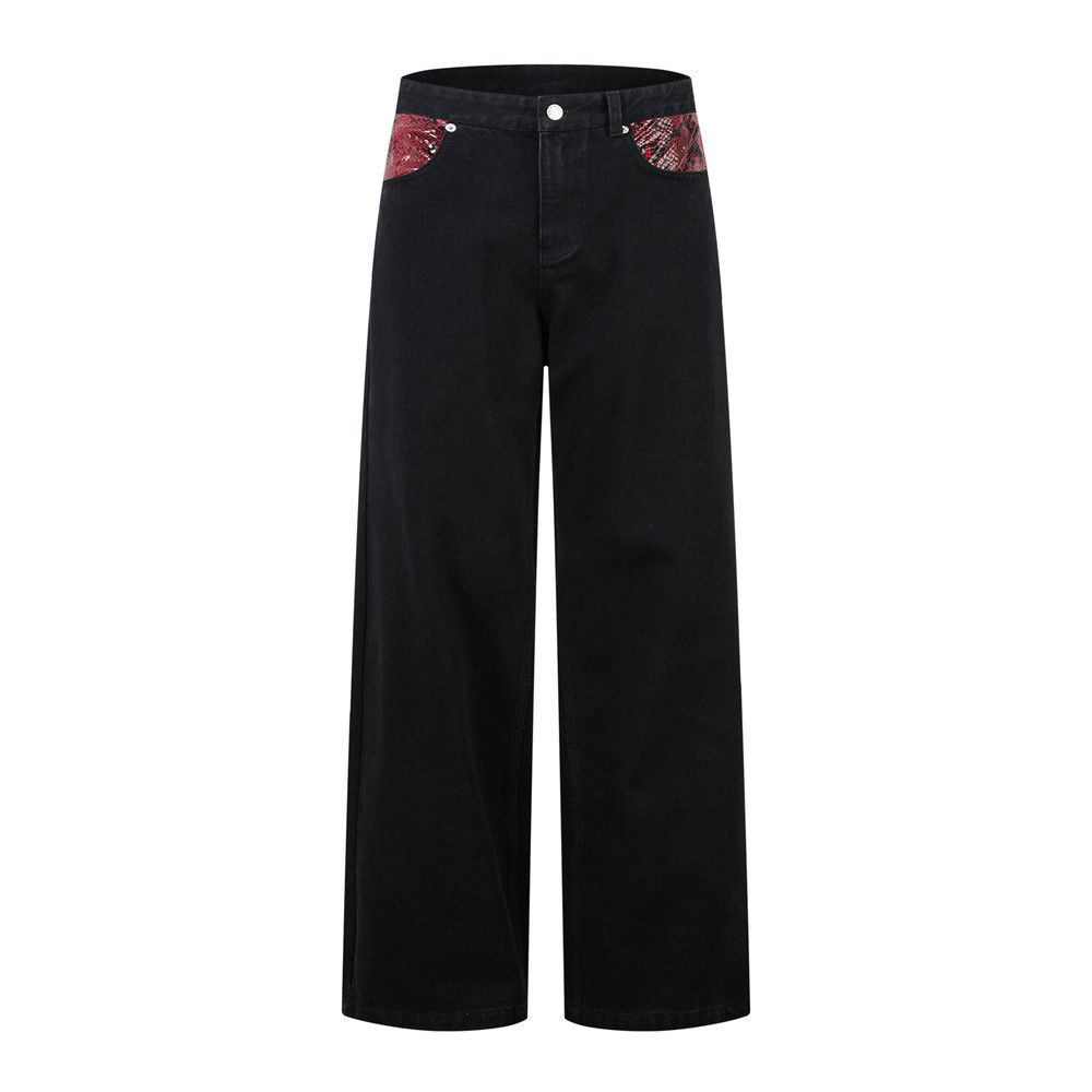 Trendy Washed Jeans For Men Loose Casual Python Pattern Splicing Design Wide-Leg Straight Long Pants_mkmklike.com