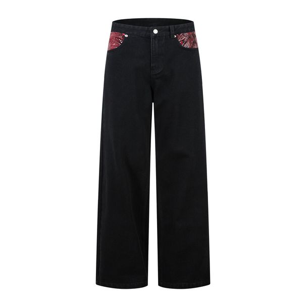 Trendy Washed Jeans For Men Loose Casual Python Pattern Splicing Design Wide-Leg Straight Long Pants_mkmklike.com