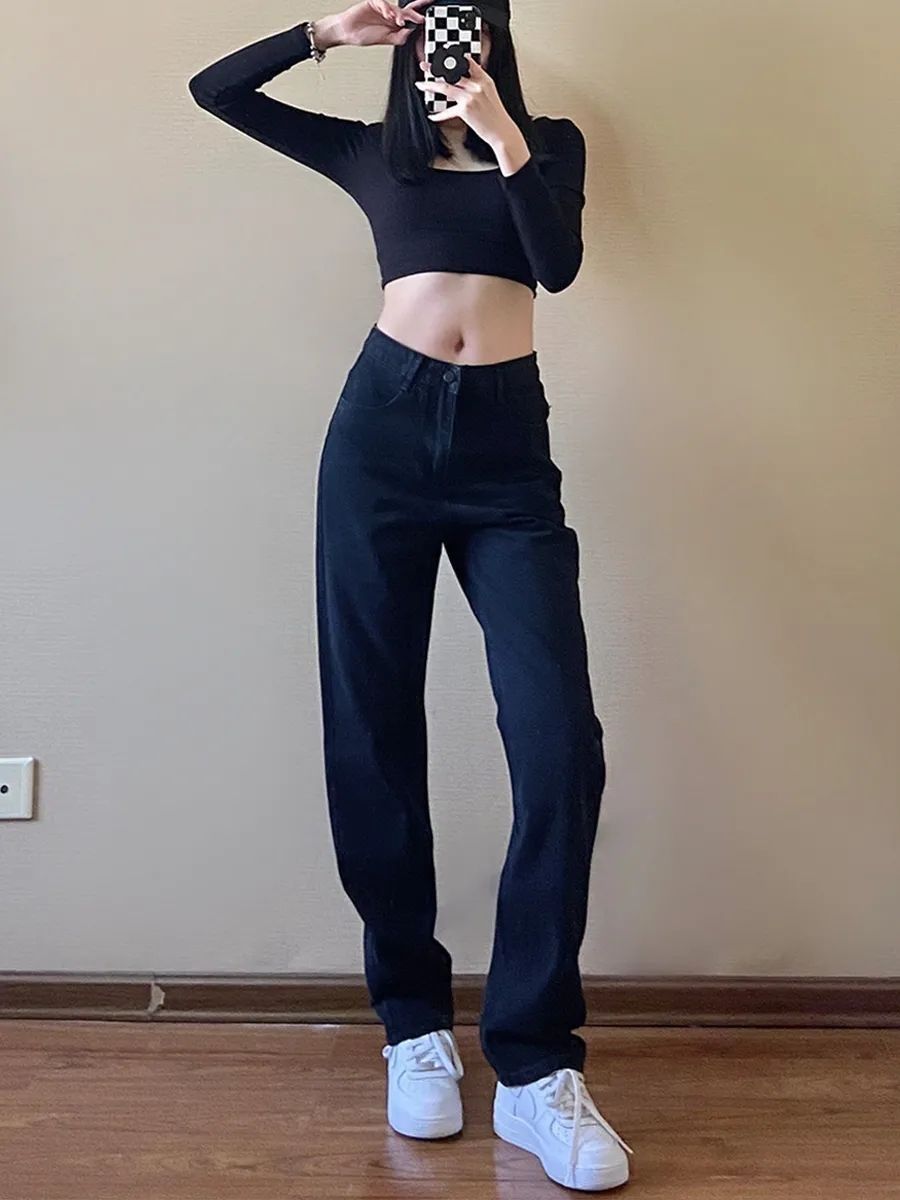 Black Slim-fit Straight-leg Jeans For Women, 2025 Spring New Style, High-waisted, Trendy, Loose Wide-leg, Elegant_mkmklike.com