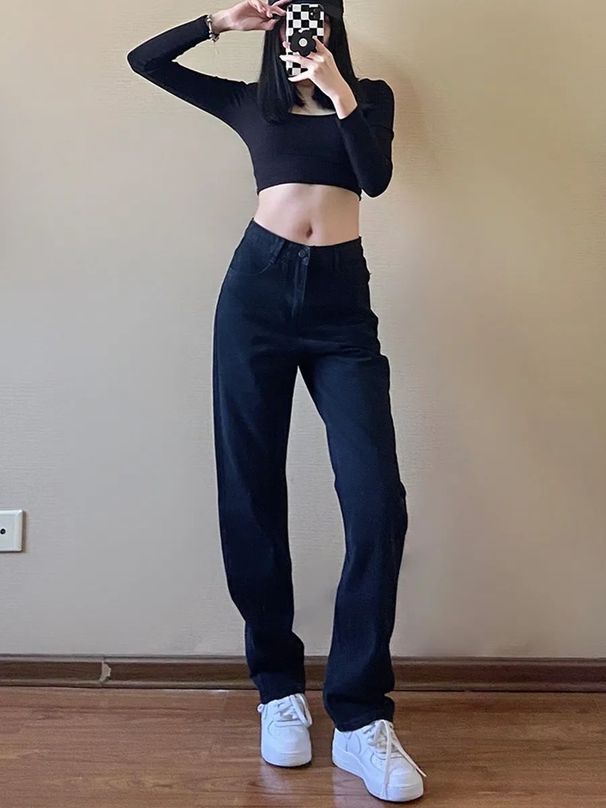 Black Slim-fit Straight-leg Jeans For Women, 2025 Spring New Style, High-waisted, Trendy, Loose Wide-leg, Elegant_mkmklike.com