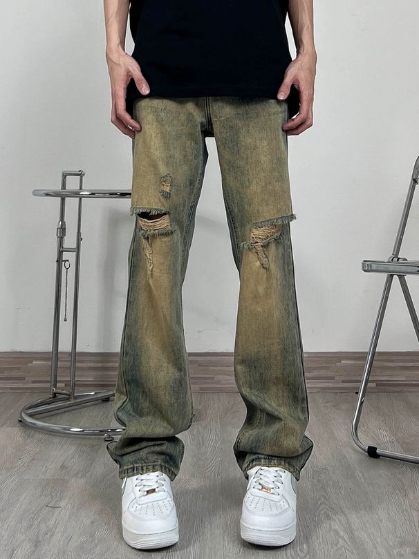 Men's Clothing Cleanfit American Cleanfit Vintage Washed Distressed Jeans For Men - Retro Straight Leg Light Flare Ripped Denim Pants With Muddy Dye_mkmklike.com