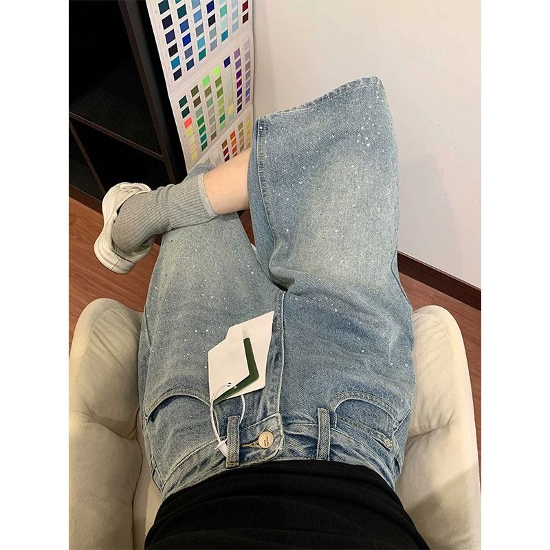 Light Colored Rhinestone Denim Capri Pants plus Size Loose Fit Slimming Wide Leg Pear Shaped Figure New Summer Style_mkmklike.com