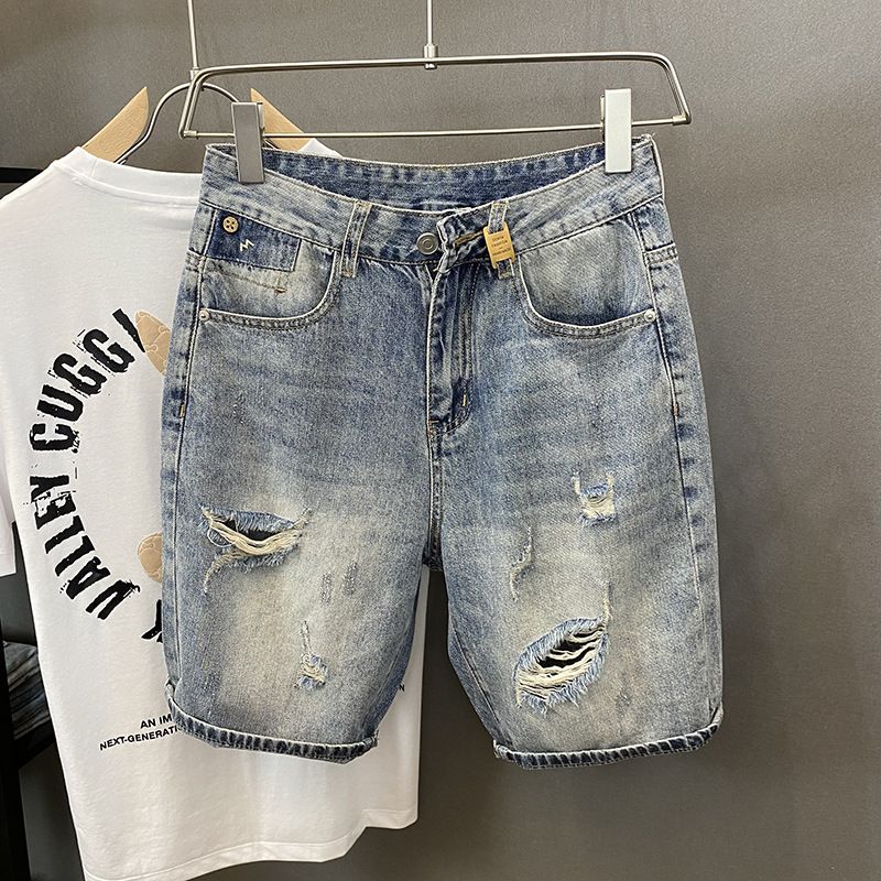 Men's Clothing Summer New Style Ripped Distressed Denim Shorts For Men Loose Fit Retro Trendy Versatile Casual Five Point Shorts_mkmklike.com