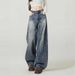 Retro Blue High Waist Wide Leg Jeans Women's Trendy Versatile Slimming Curved Sash American Style High Street Denim_mkmklike.com