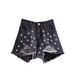 Embellished Denim Shorts Stylish Beaded High-Waisted Casual Shorts ( Cotton-Poly Blend, Distressed Hem & Rhinestone Accents, Comfortable Loose Fit)_mkmklike.com