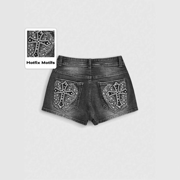 Women's Cross Wings Embroidery Denim Shorts with Rhinestones Black And Gray Washed Jeans Factory Direct Wholesale Bottoms_mkmklike.com