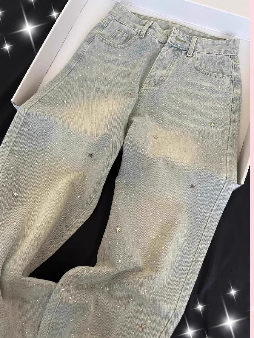Light Blue Star Rhinestone Jeans – High-Waisted Flared Pants | Elegant & Slimming Wide-Leg Denim For Women_mkmklike.com