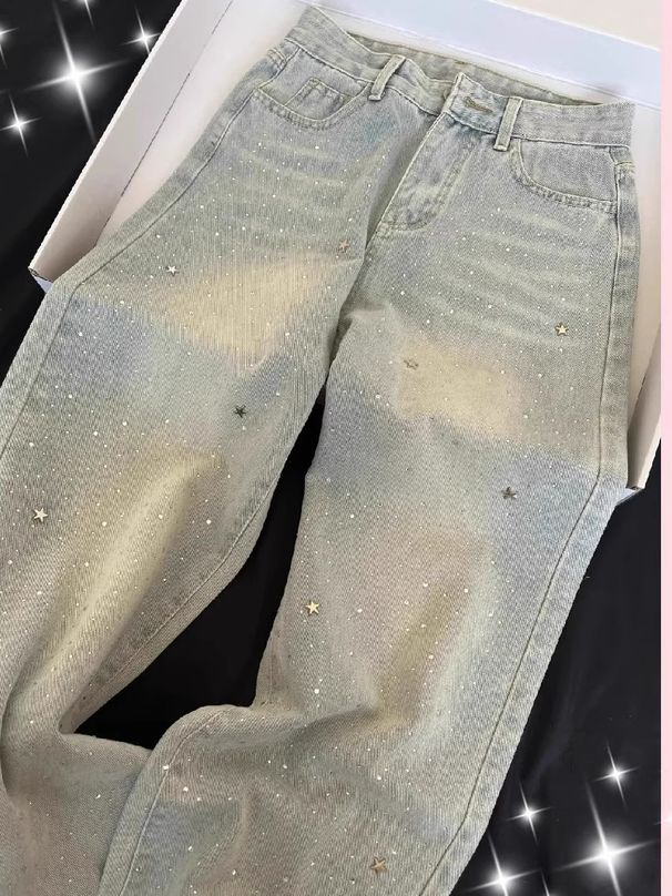 Light Blue Star Rhinestone Jeans – High-Waisted Flared Pants | Elegant & Slimming Wide-Leg Denim For Women_mkmklike.com
