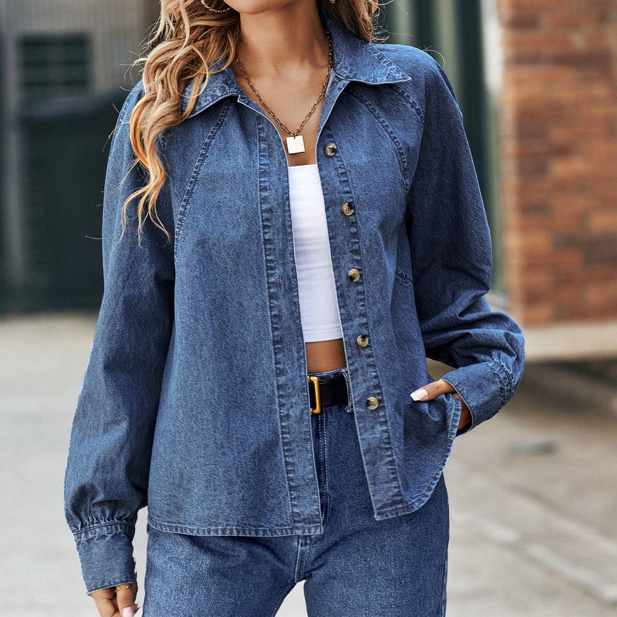 Women's Clothing Vintage Denim Shirt Jacket For Women - Lightweight Oversized Cotton Blend Casual Top With Long Sleeves & Classic Collar ( XS/S/M/L)_mkmklike.com