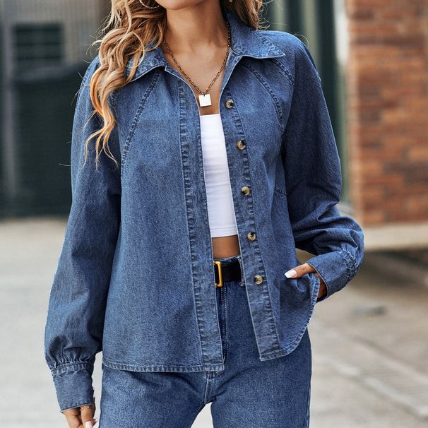 Women's Clothing Vintage Denim Shirt Jacket For Women - Lightweight Oversized Cotton Blend Casual Top With Long Sleeves & Classic Collar ( XS/S/M/L)_mkmklike.com