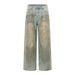 Post-apocalyptic Style Vintage Dirty Jeans For Men, Trendy Brand, Niche Loose Wide-leg Washed Faded Straight Long Pants_mkmklike.com