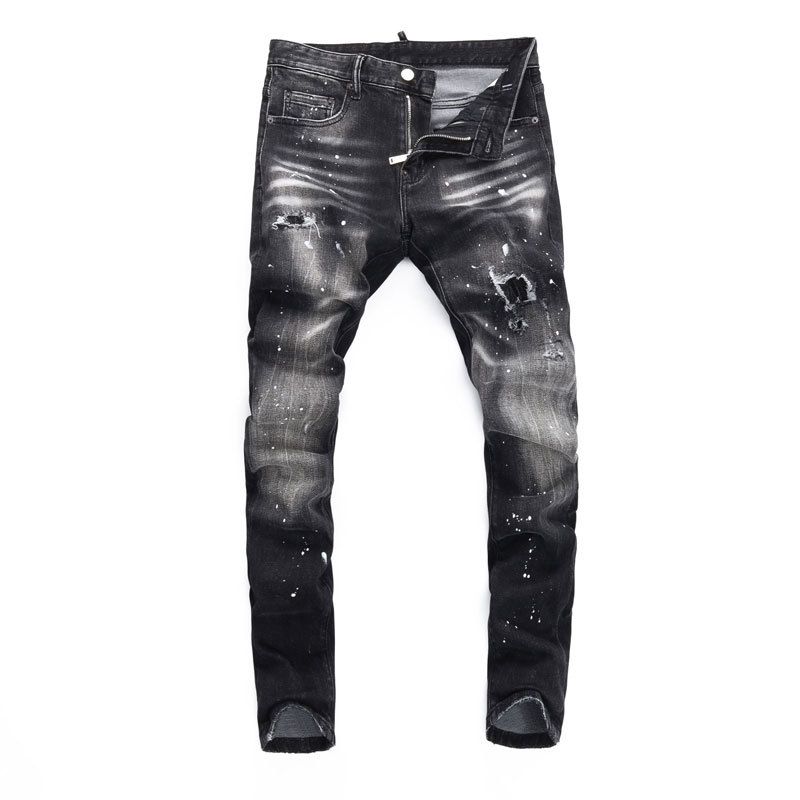 Men's Clothing Fashion Street Jeans Distressed Black And Gray Washed Holes Patches Paint Micro Bounce Slim Fit Skinny Jeans Men's Trend_mkmklike.com